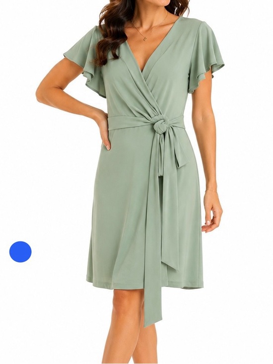 Nine West Dresses & Skirts - Nine West Sage Green Faux Wrap Dress Flutter Sleeve Tie Waist Size Large